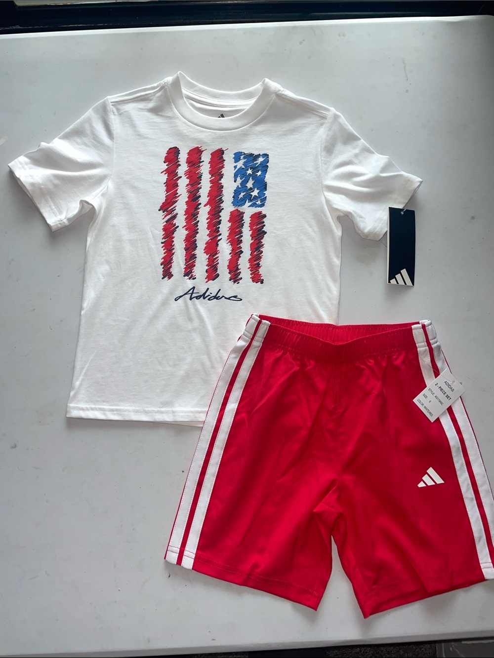 NEW! ADIDAS White Tee w/Red & Blue Flag Graphic and Red Shorts. Size 6. BOYS.
